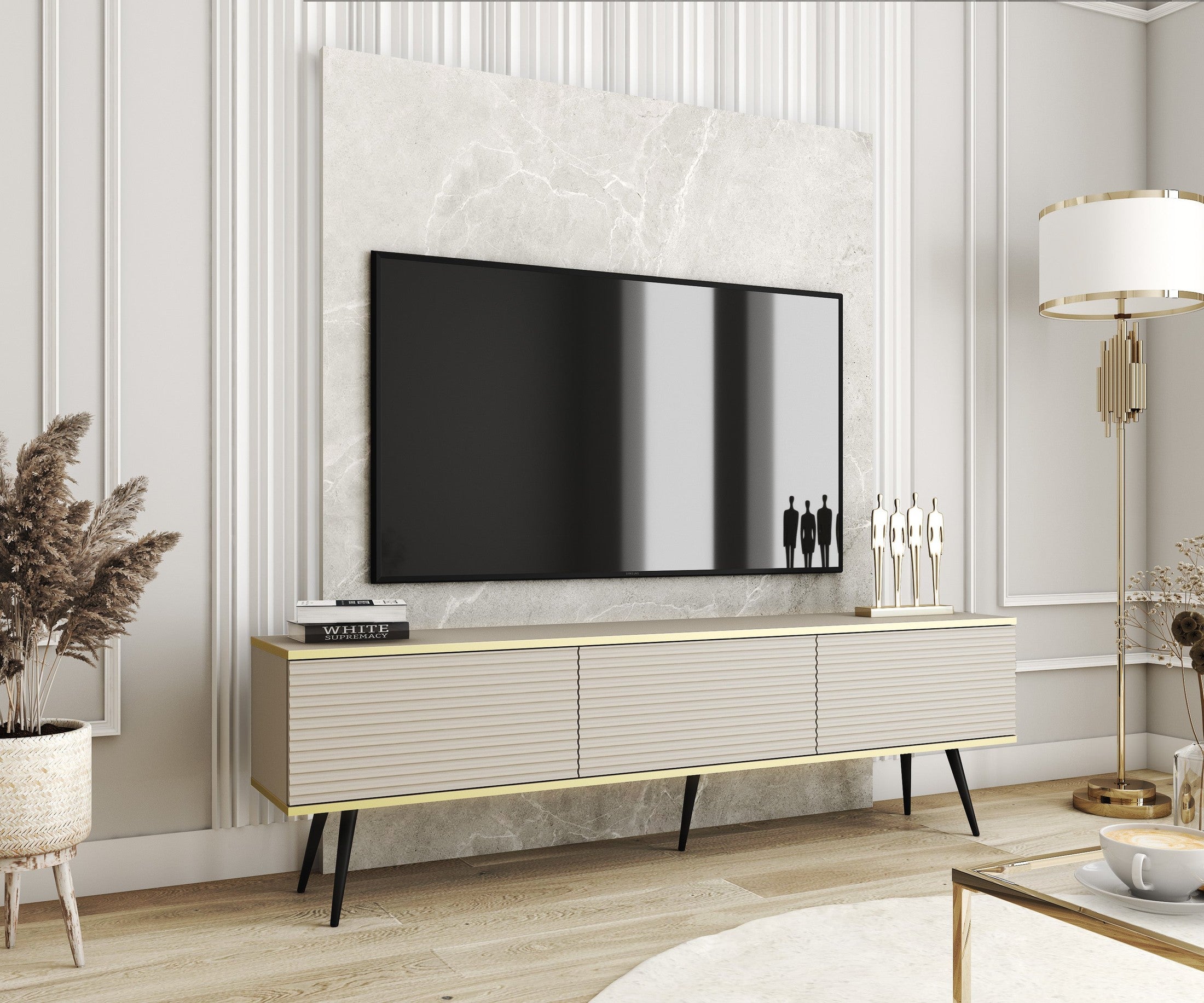 Szafka RTV 175x30 ze złotymi akcentami | Meva