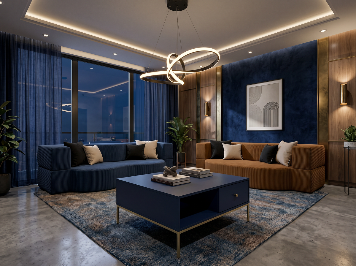Elegantes Wohnzimmer mit dunkelblauem und braunem Sofa Kamela, dunklem Lowboard Kviat und dekorativer Pendelleuchte Loopra