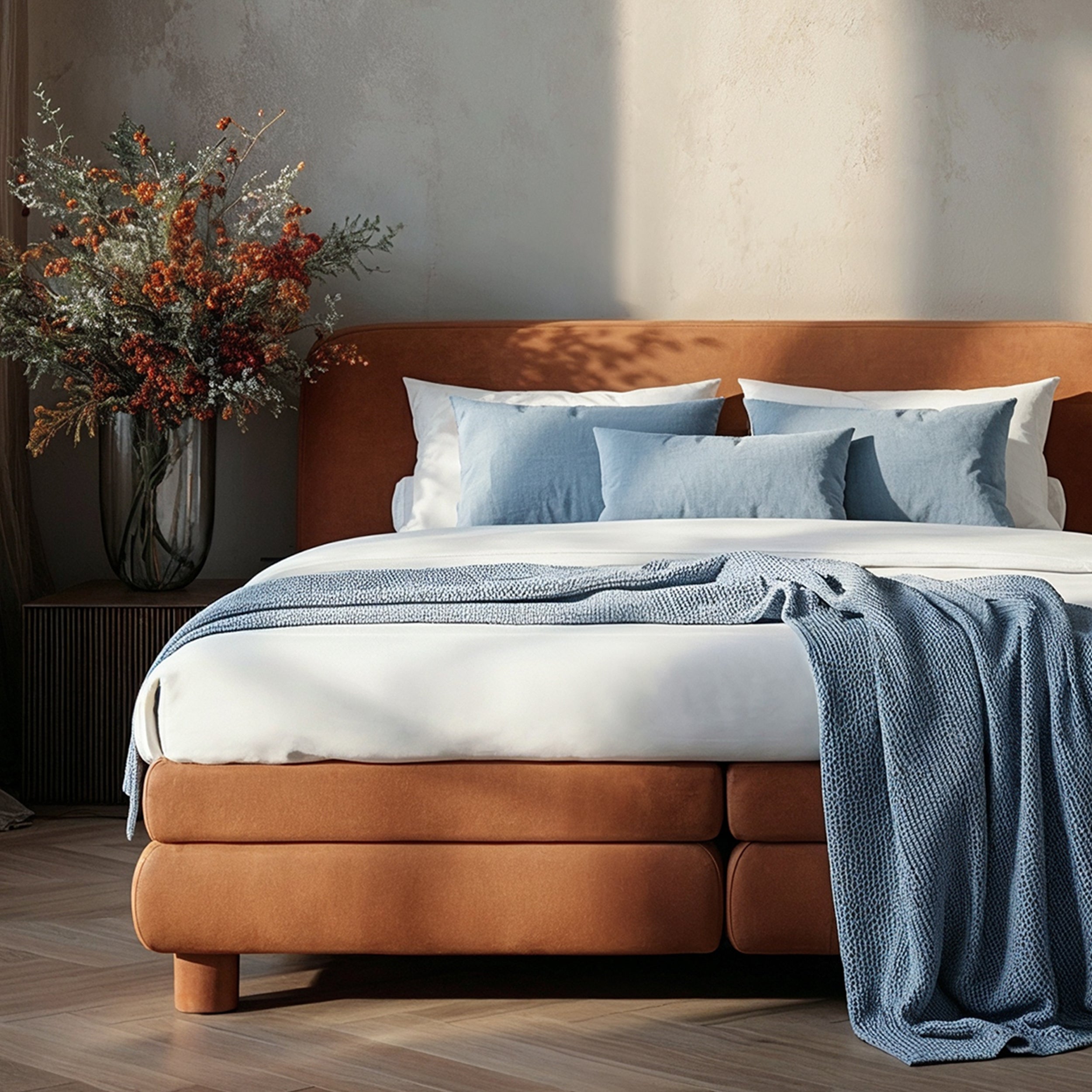Kontinentalbett mit abgerundetem Kopfteil im Modern-Organic-Stil | Portela
