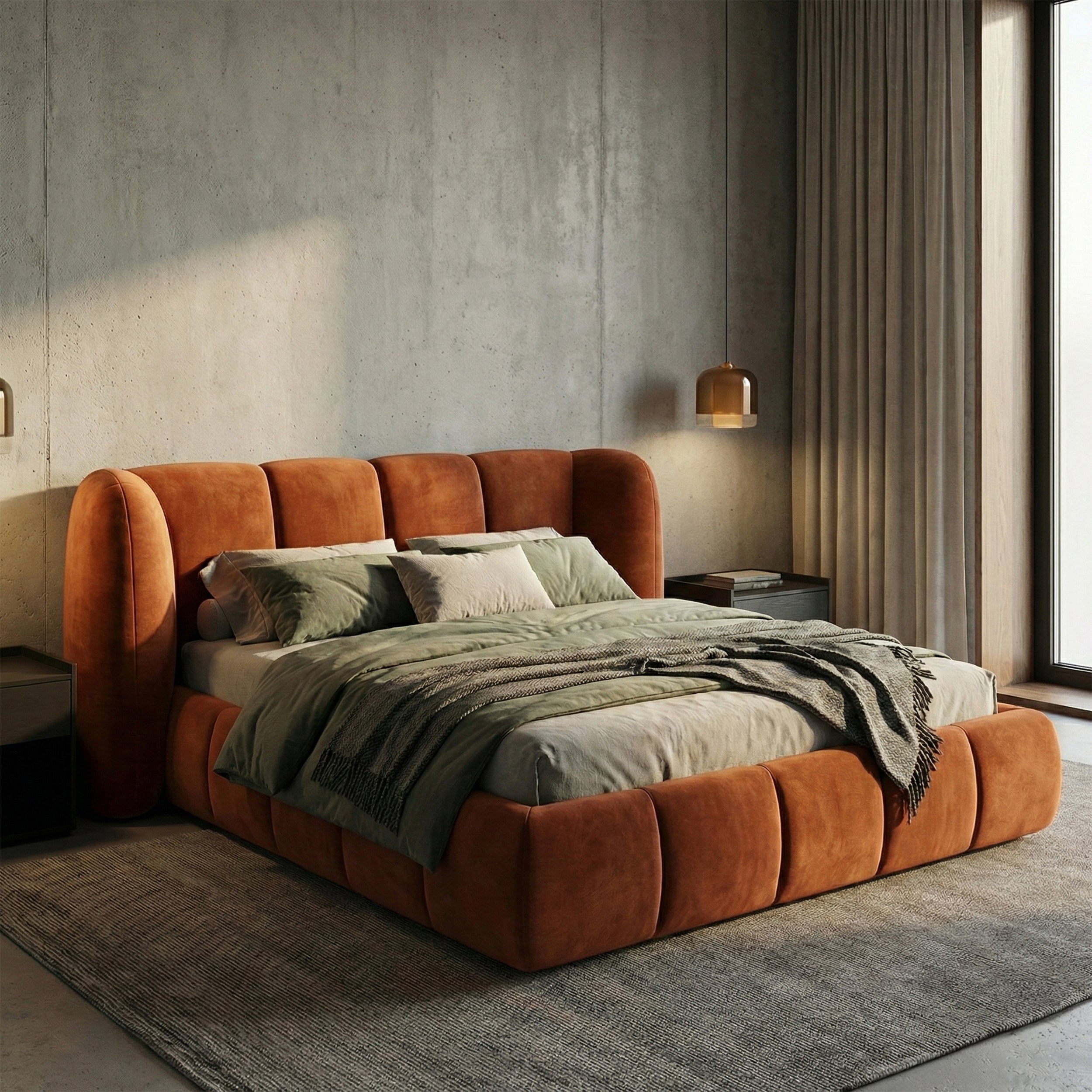Polsterbett mit vertikaler Steppung und Bettkasten im Soft-Modern-Stil | Ventara