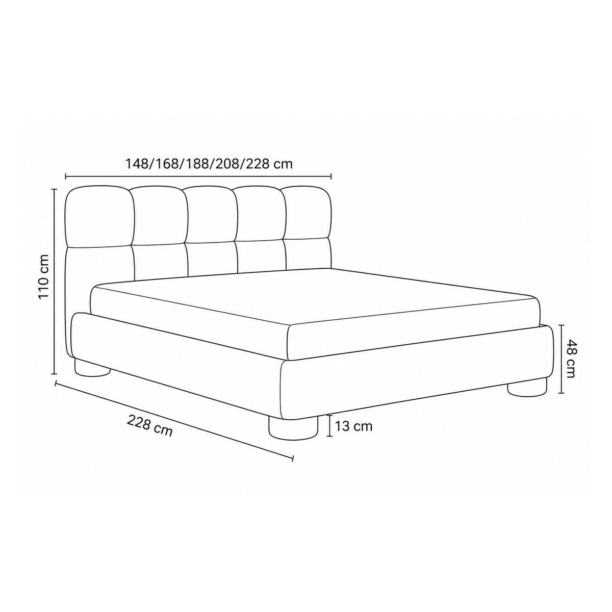 Polsterbett Lattro 120x200–200x200 mit Bettkasten im Modern-Organic-Stil, Stoff Coral – Maßzeichnung | Pillovely