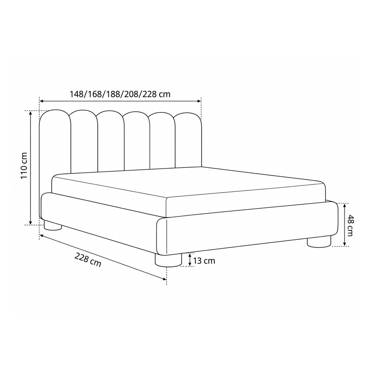 Polsterbett Lattri 120x200–200x200 mit Bettkasten im Modern-Organic-Stil, Stoff Coral – Maßzeichnung | Pillovely