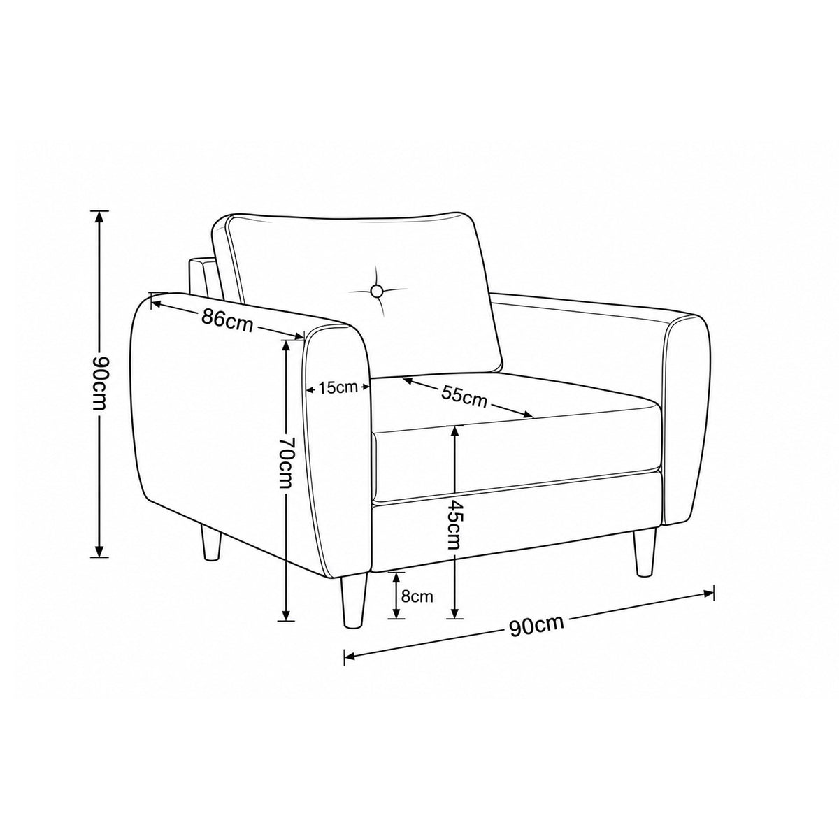 Sessel Harmi 90 cm – Maßzeichnung mit Höhe von Sitzfläche, Armlehnen und Beinen
