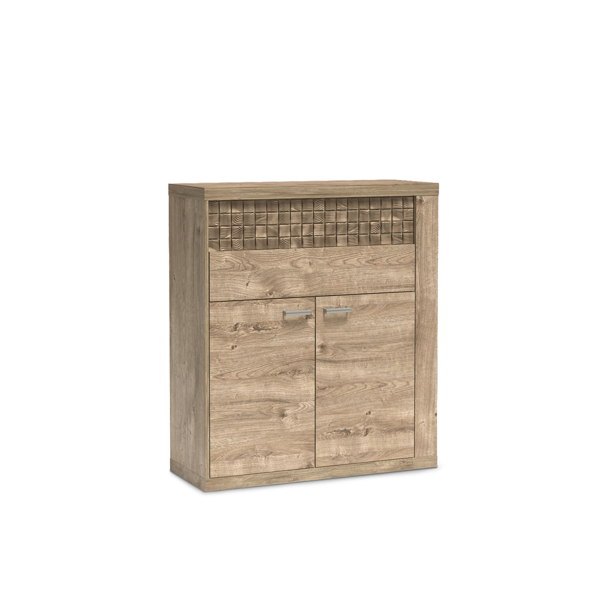 Kommode Korin 102x119 in Eiche – Kommode mit Schubladen, Schrank und geriffelter Front, Schrägansicht