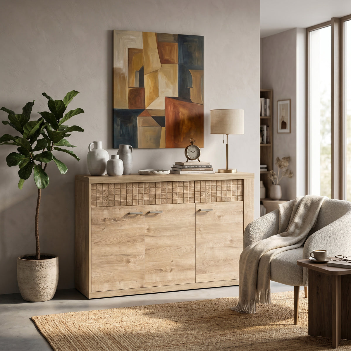 Kommode Korin 147x99 im Wohnzimmer mit Gemälde, Lampe und Pflanze – breite Kommode im Boho-Stil