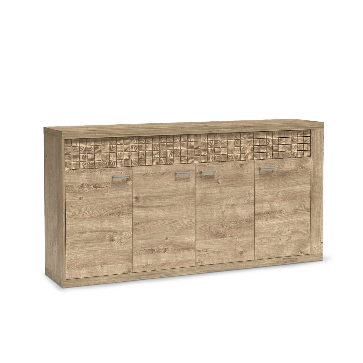 Kommode Korin 192x99 in Eiche – breite viertürige Kommode mit geriffelter Front, Schrägansicht