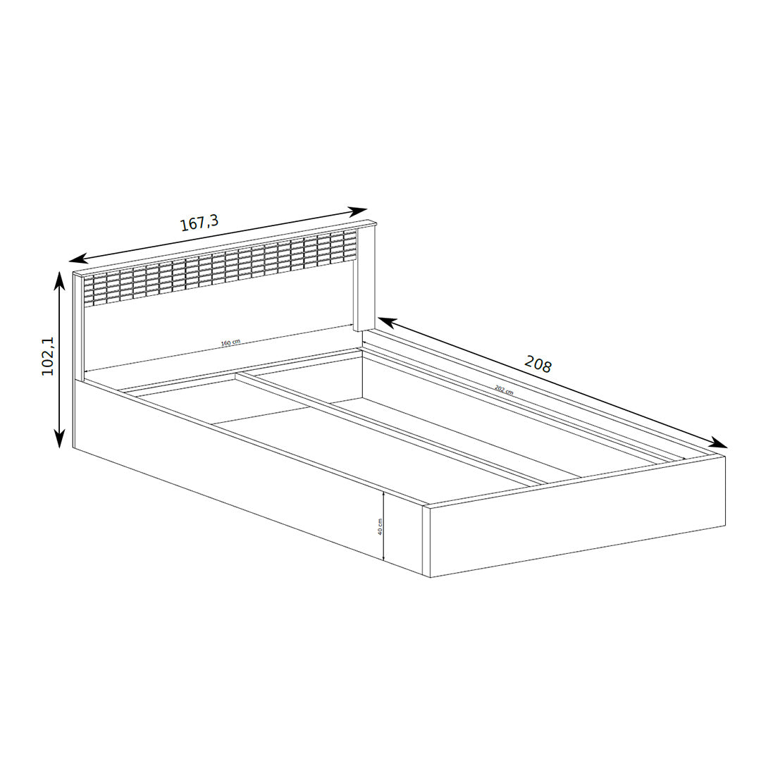 Bett Korin 160x200 – Maßzeichnung mit Breite, Länge und Höhe