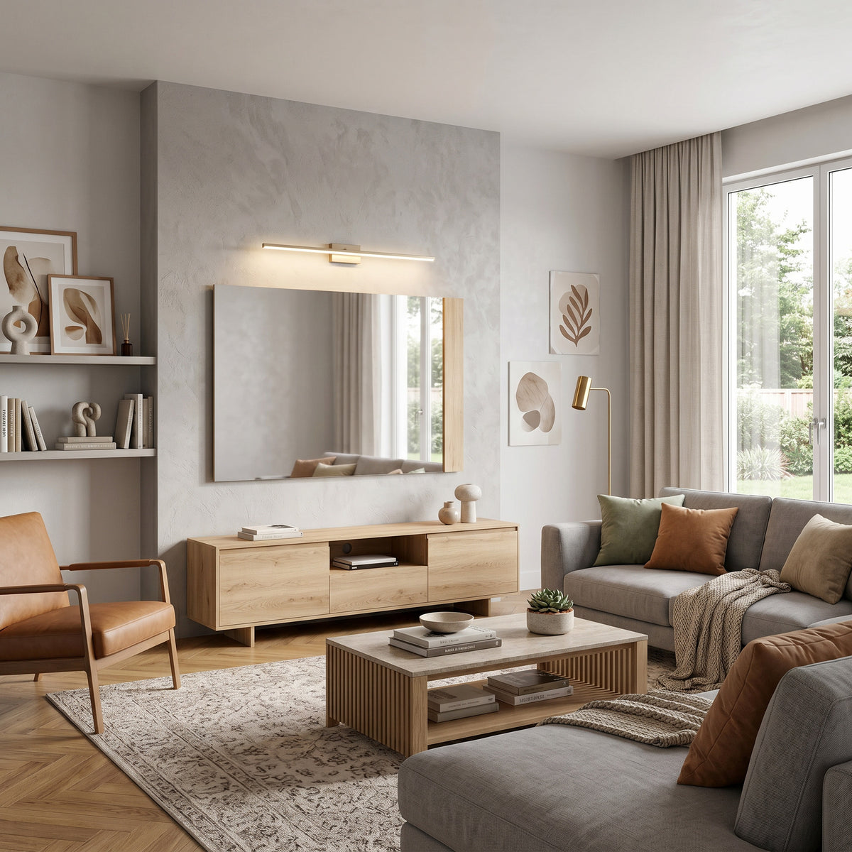 Spiegel Korin 120x80 über einem TV-Schrank im Wohnzimmer mit grauem Sofa – dekorativer Wandspiegel