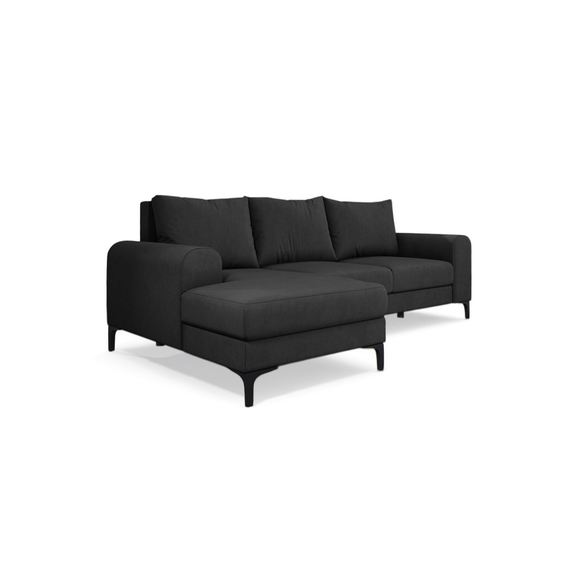 Ecksofa Arpelo 245x145 linksseitig Grafitgrau (MANILA 19) auf schwarzen Füßen – Ecksofa mit Schlaffunktion