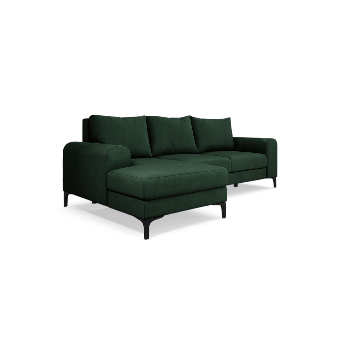 Ecksofa Arpelo 245x145 linksseitig Waldmoos (MANILA 35) auf schwarzen Füßen – modernes Ecksofa im Boho-Stil