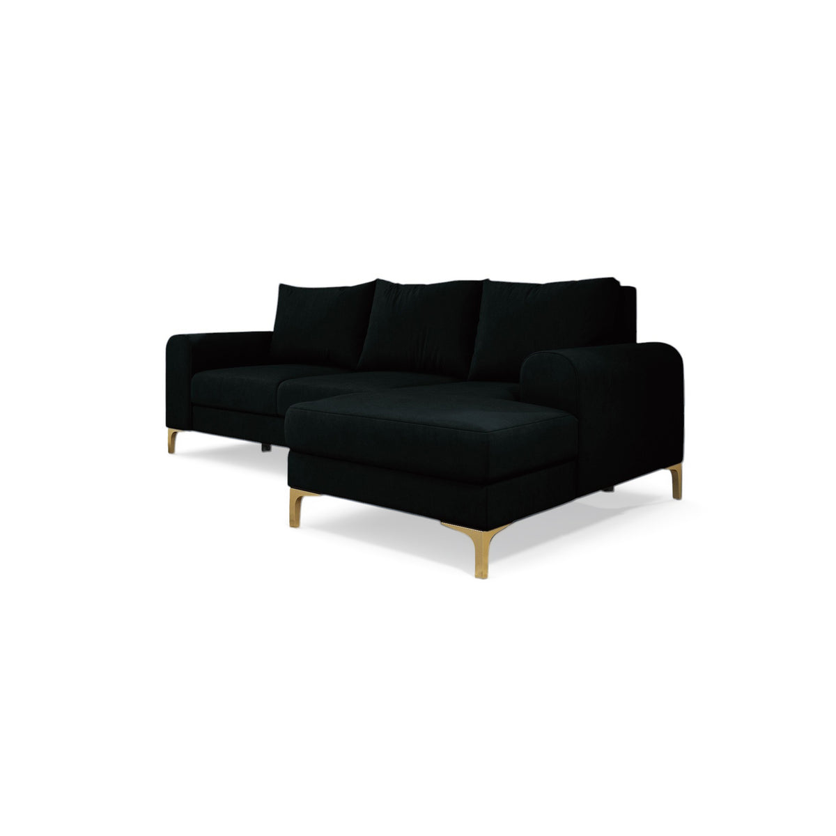 Ecksofa Arpelo 245x145 rechtsseitig Tintenschwarz (MANILA 18) auf goldenen Füßen – Ecksofa fürs Wohnzimmer