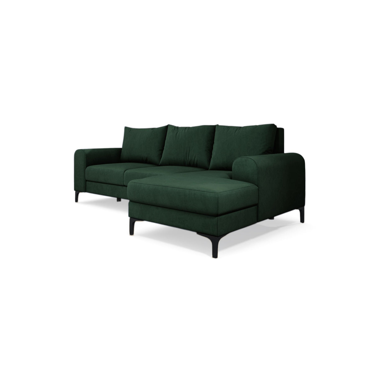 Ecksofa Arpelo 245x145 rechtsseitig Waldmoos (MANILA 35) auf schwarzen Füßen – modernes Ecksofa im Boho-Stil