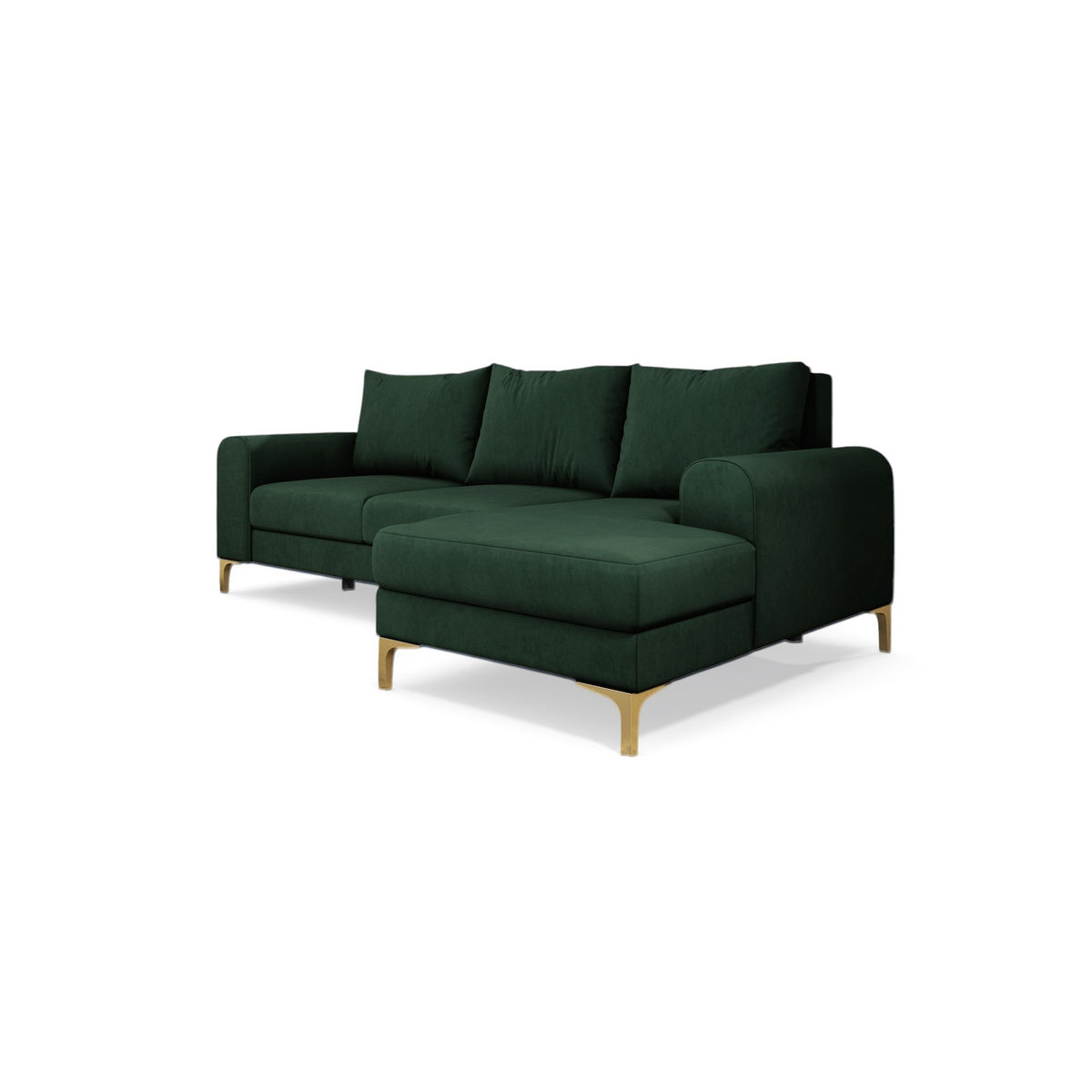 Ecksofa Arpelo 245x145 rechtsseitig Waldmoos (MANILA 35) auf goldenen Füßen – modernes Ecksofa im Boho-Stil