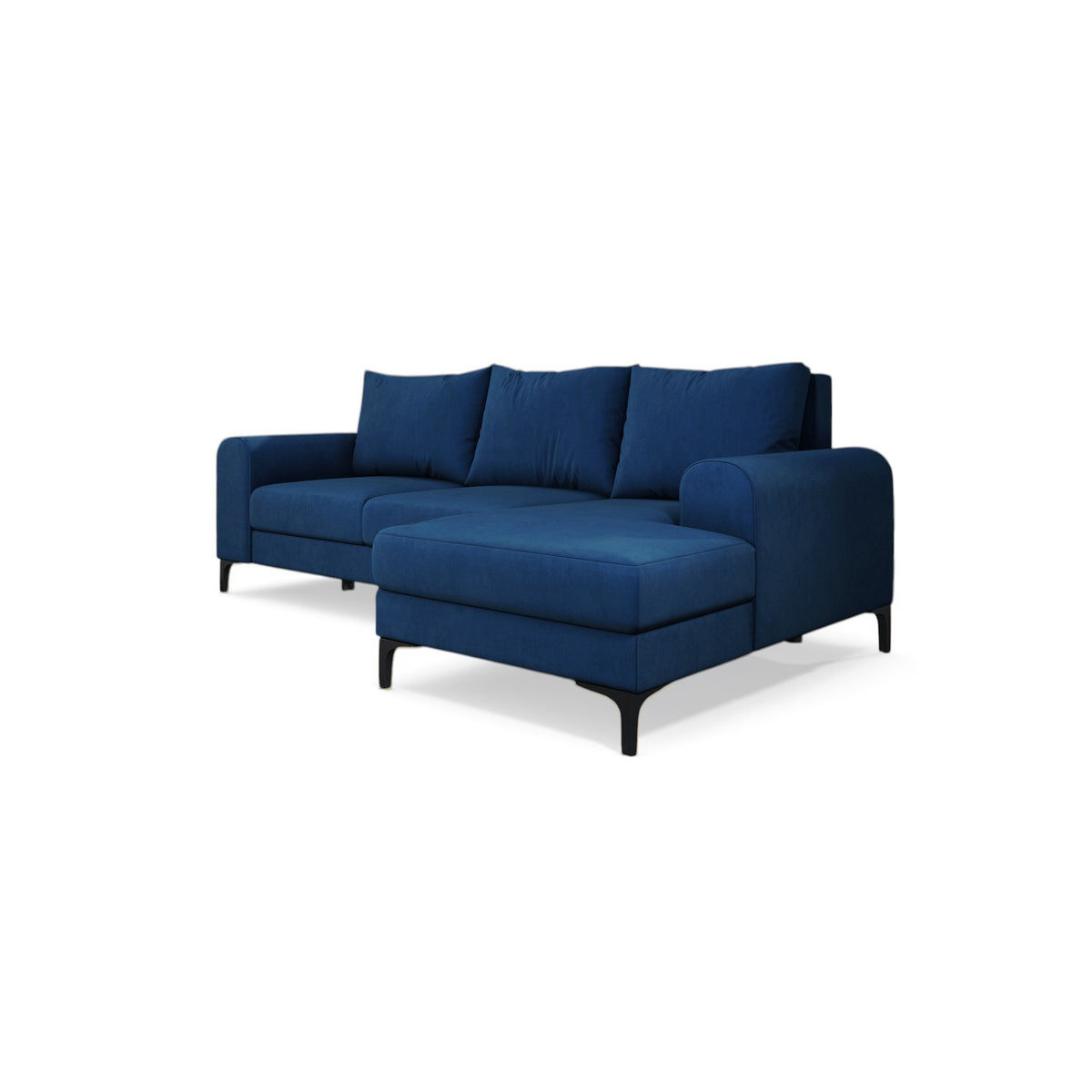 Ecksofa Arpelo 245x145 rechtsseitig Nachtsaphir (MANILA 26) auf schwarzen Füßen – Ecksofa fürs Wohnzimmer, Schrägansicht