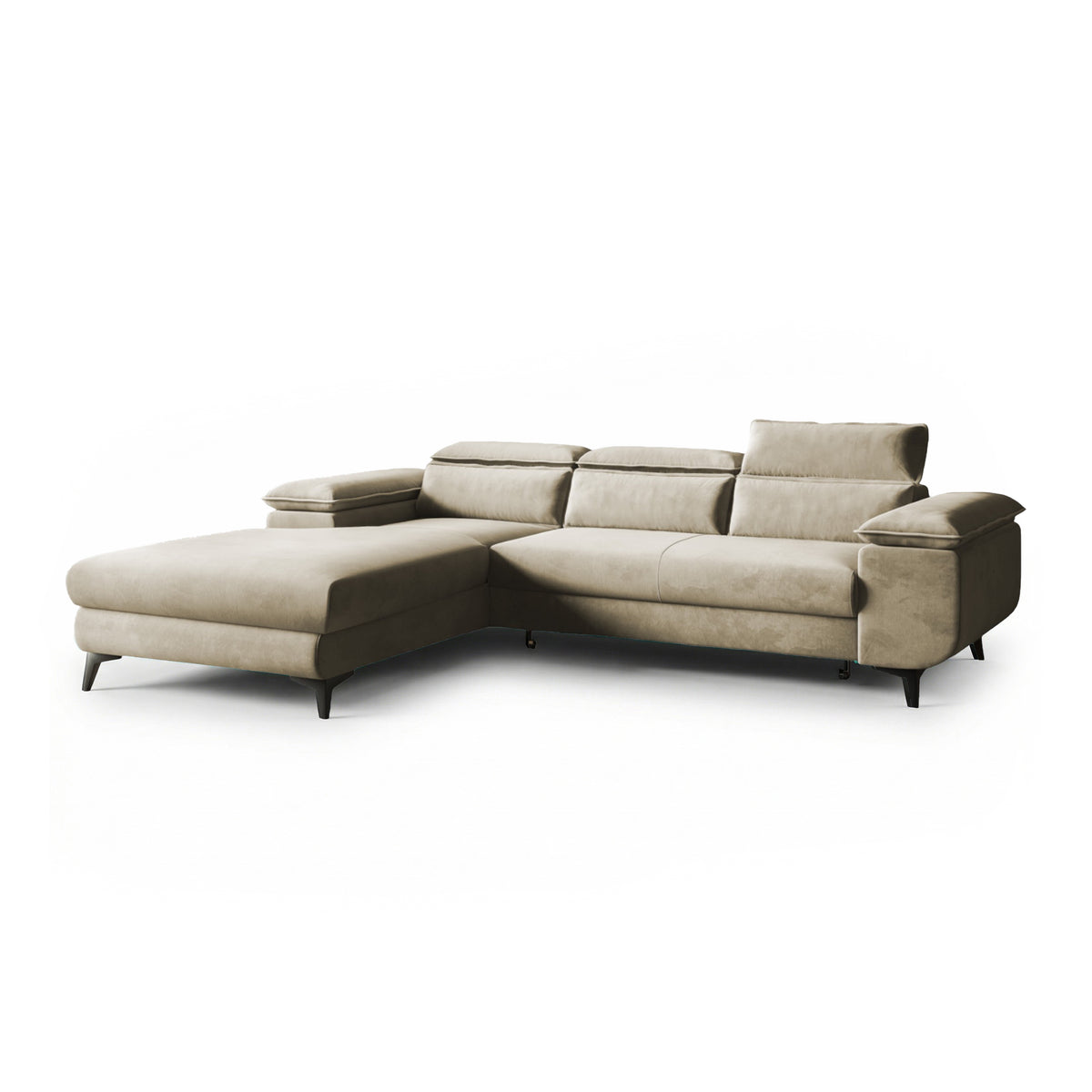 Ecksofa Bessi 276x205 linksseitig Olivsand (MONOLITH 04) mit Kopfstützen – ausklappbares Velours-Ecksofa