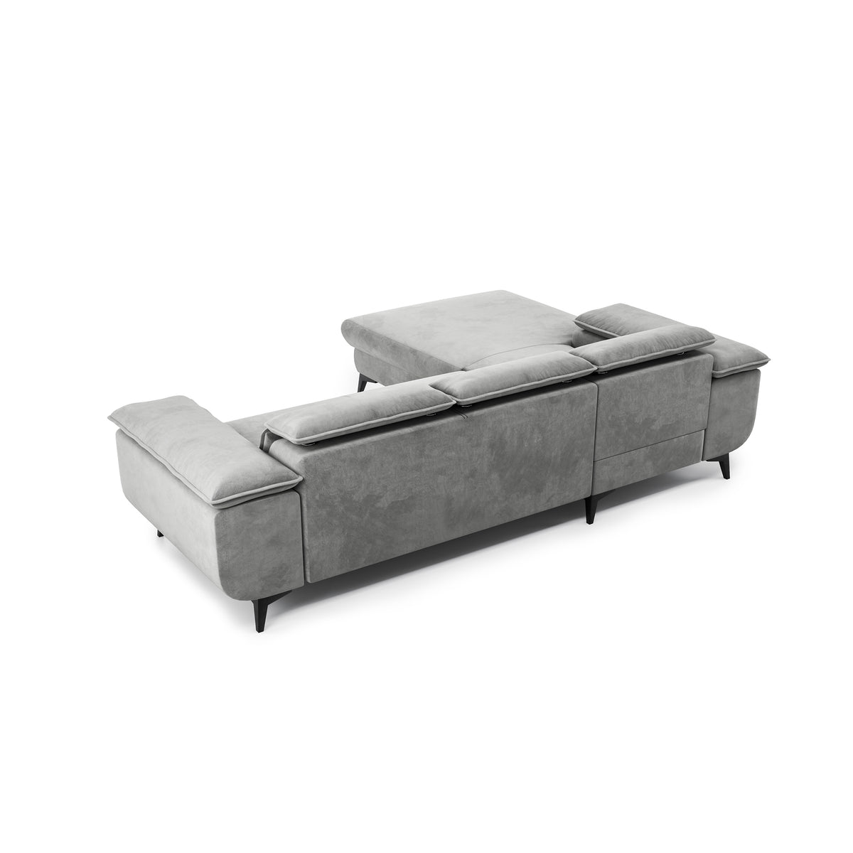 Ecksofa Bessi 276x205 Aschnebel (MONOLITH 84) – Ansicht von hinten auf gepolsterte Rückenlehne, Ecksofa für die Raummitte