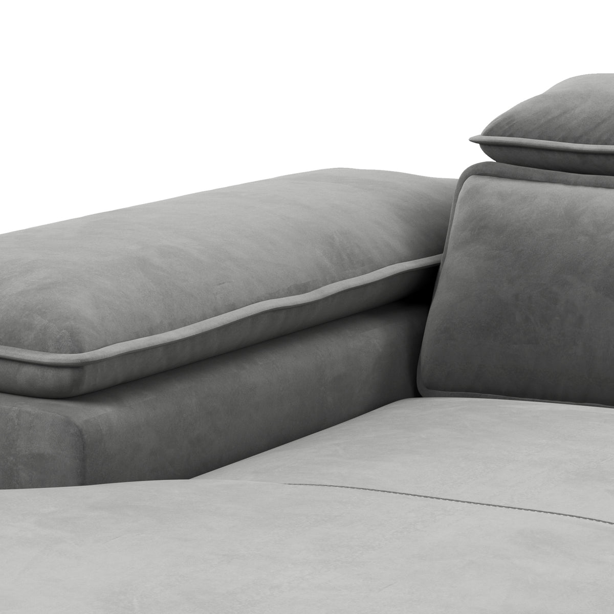 Ecksofa Bessi 276x205 Aschnebel (MONOLITH 84) – Nahaufnahme von Armlehne, Kopfstütze und Veloursbezug