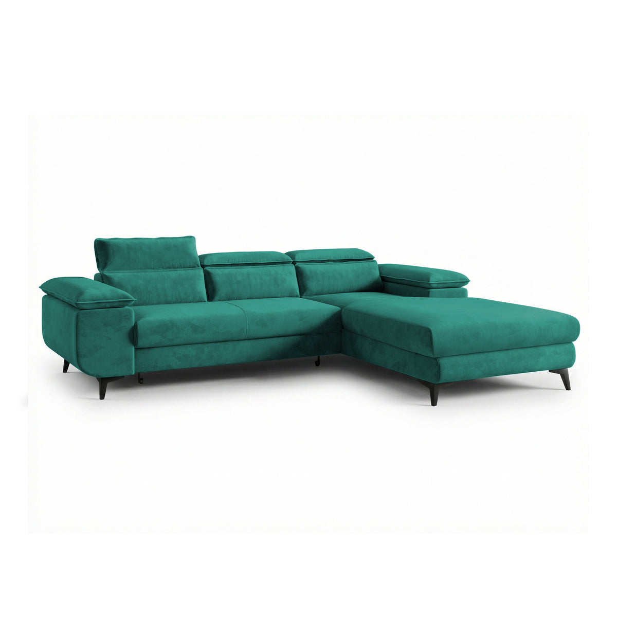 Ecksofa Bessi 276x205 rechtsseitig Meeresgrün Smaragd (MONOLITH 37) mit Kopfstützen – Ecksofa mit Bettkasten