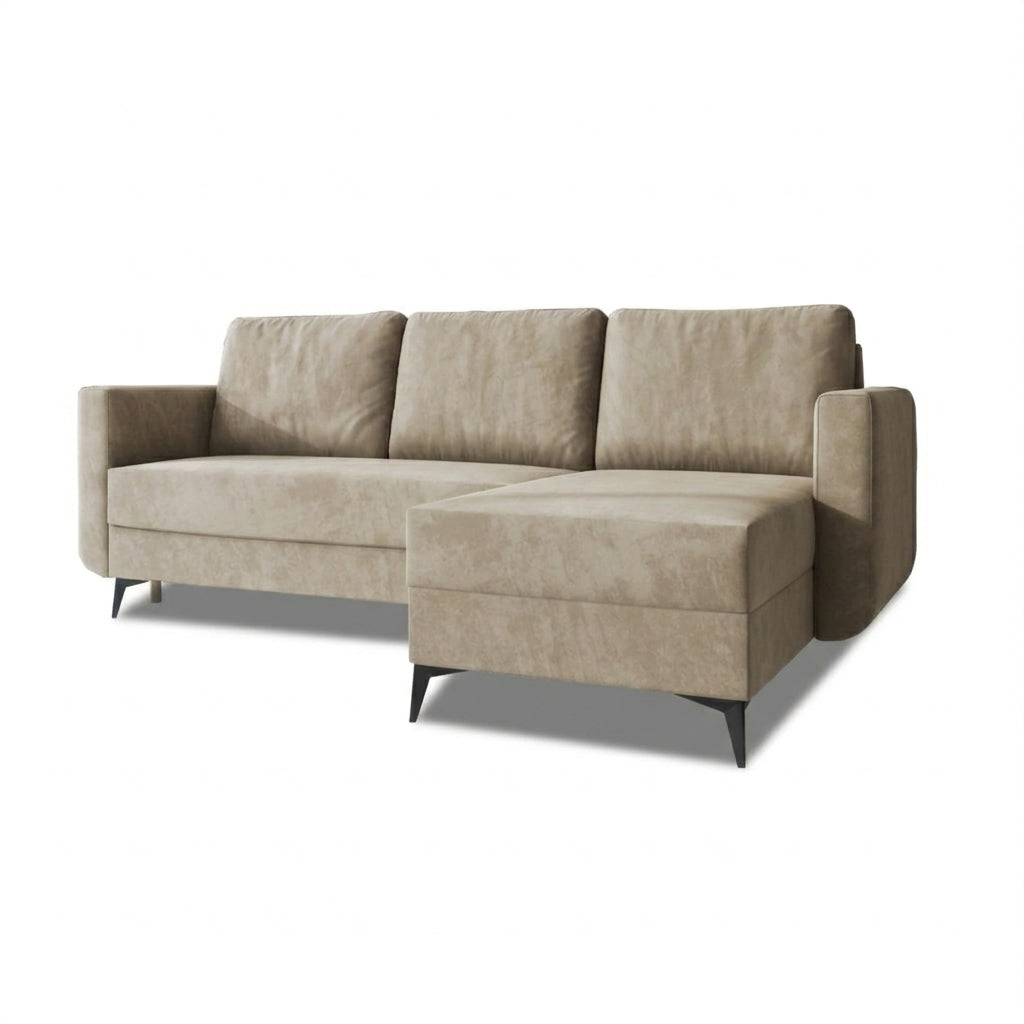 Ecksofa Forra 235 cm Puderfarbene Nuss (MANILA 02), rechtsseitige Version auf hohen schwarzen Füßen