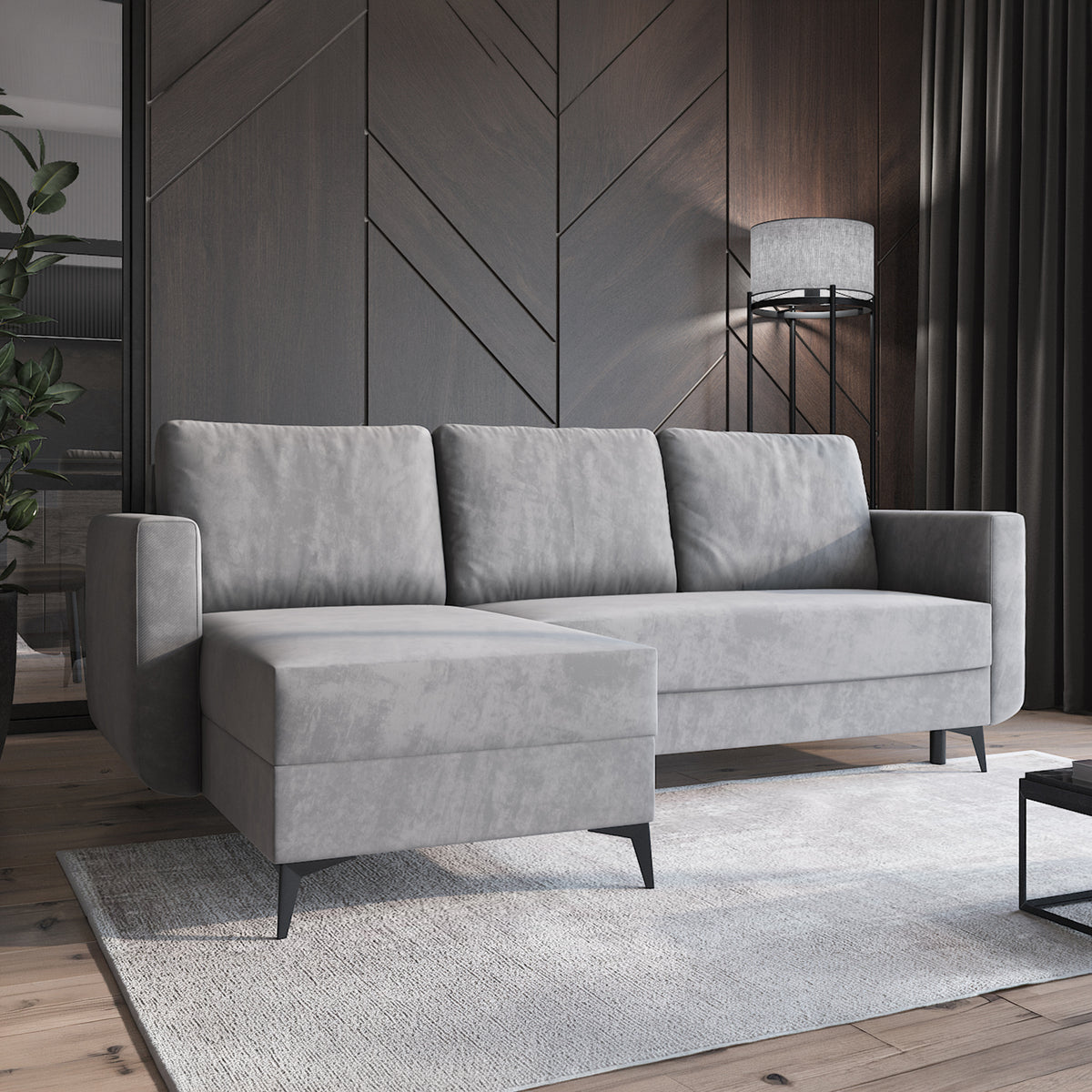 Ecksofa Forra Stahlgrau (MANILA 16) im modernen Wohnzimmer mit Teppich und Lampe, Récamiere links