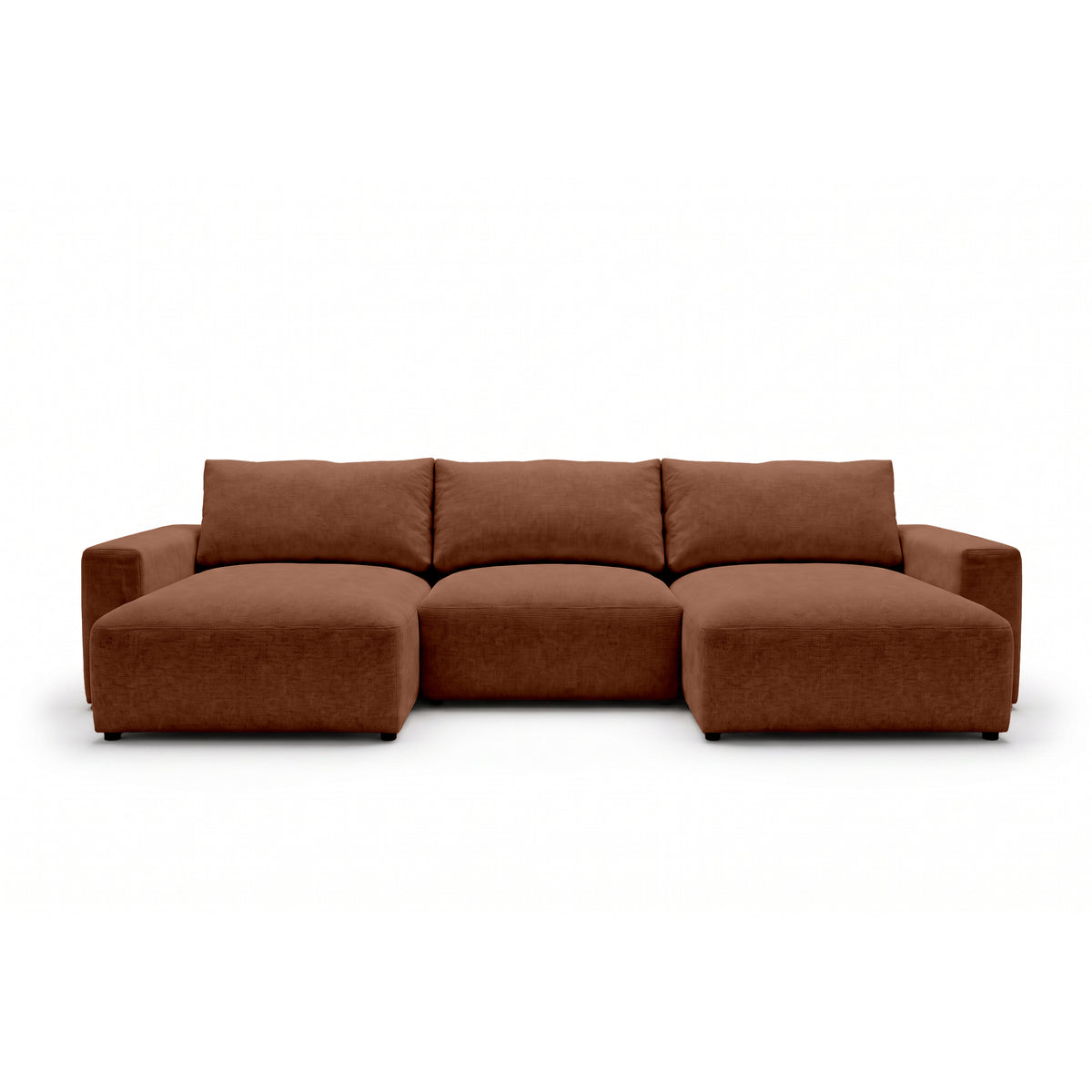 Modulare Wohnlandschaft U Iskeli 361 cm Zimt-Matt (ARAGON 56) von vorne – Ecksofa mit zwei Ottomanen im Stoff Aragon