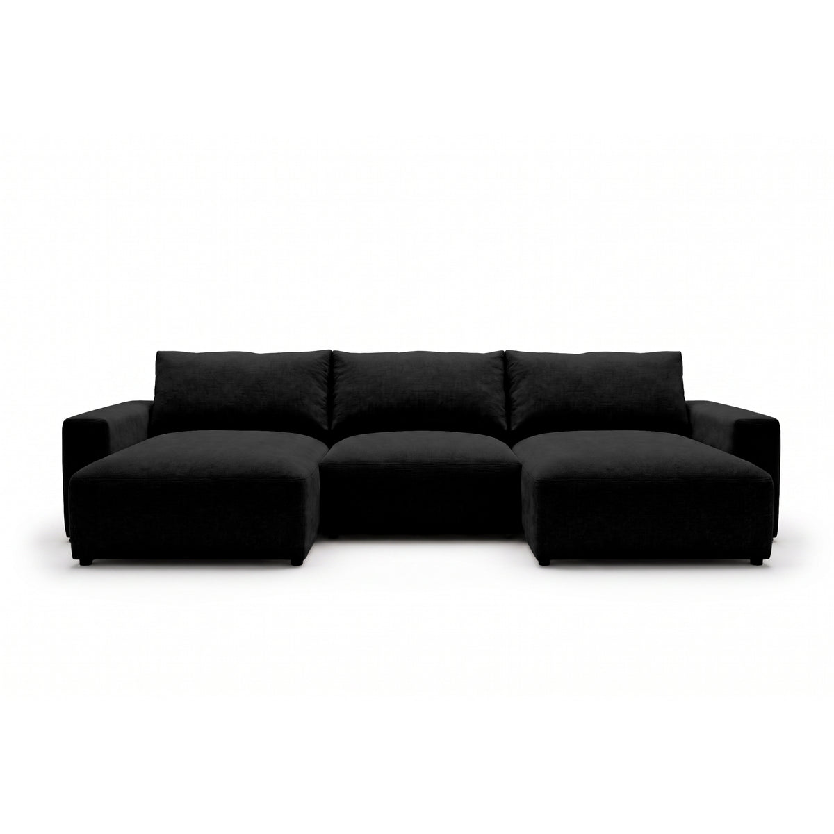 Modulare Wohnlandschaft U Iskeli 361 cm Raven's Deep (ARAGON 99) von vorne – Ecksofa mit zwei Ottomanen im Stoff Aragon