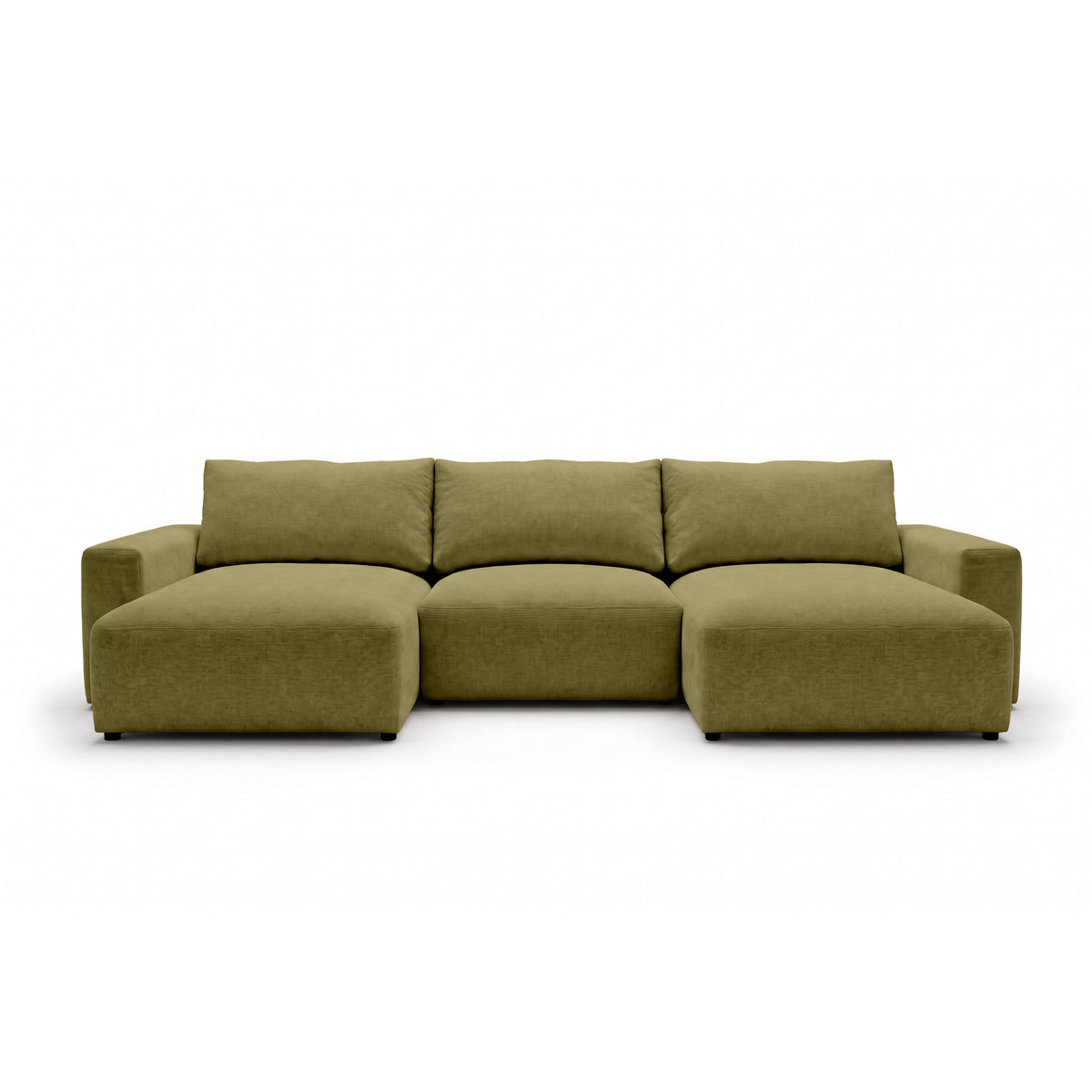 Modulare Wohnlandschaft U Iskeli 361 cm Goldenes Leinen (ARAGON 35) von vorne – Ecksofa mit zwei Ottomanen im Stoff Aragon