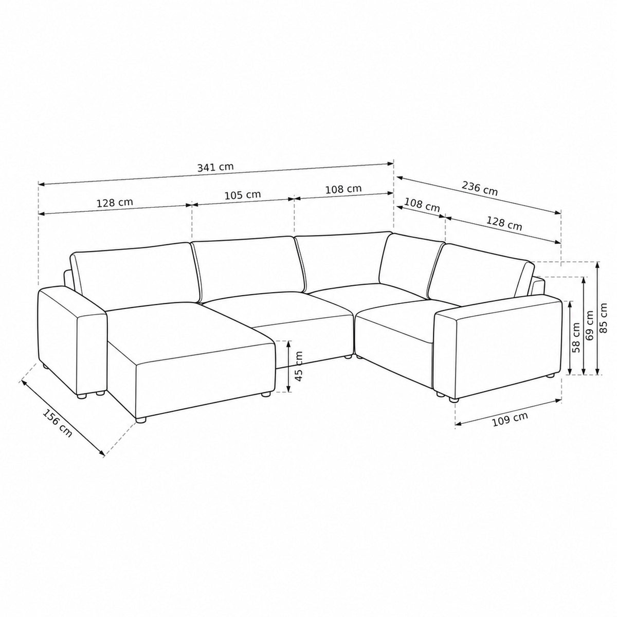 Modulares Ecksofa UL Iskeli Plus 341 cm – Maßzeichnung mit Breiten der Module, Tiefe und Höhen