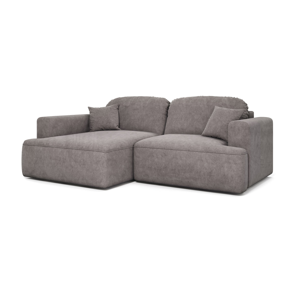 Ecksofa Senvali 240 cm Gedämpftes Lila (CLOUD 82) linksseitig – Ecksofa mit Dekokissen, Schrägansicht