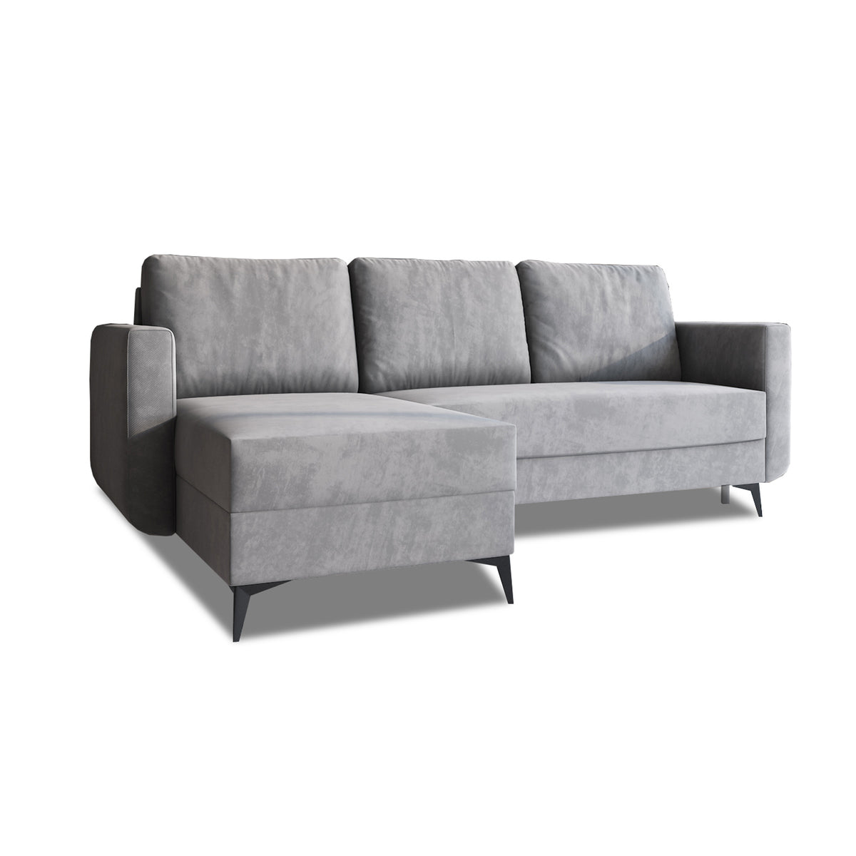 Ecksofa mit Schlaffunktion Forra 235 cm Stahlgrau (MANILA 16), linksseitig Récamiere, Velours und schwarze Metallfüße