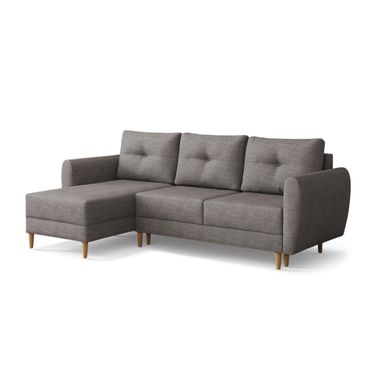 Ecksofa mit Schlaffunktion Harmi 235 cm Silbernebel (SAWANA 05), linksseitig, gesteppte Kissen und Holzbeine