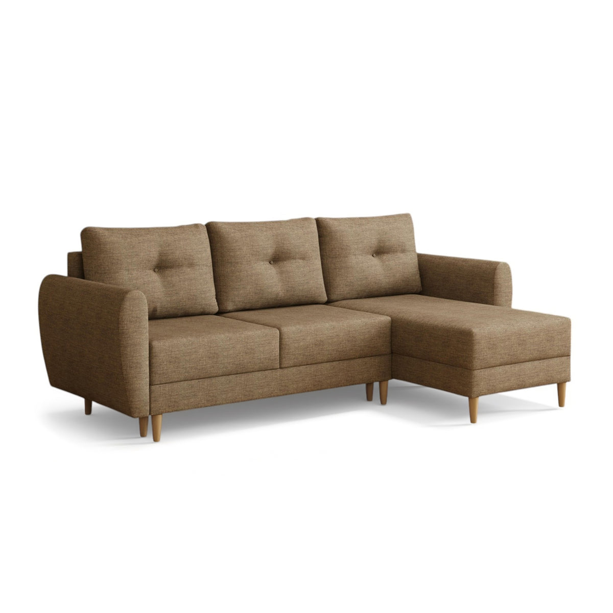 Gestepptes Ecksofa Harmi 235 cm Kaffeeschiefer (SAWANA 03), rechtsseitige Version auf Holzbeinen