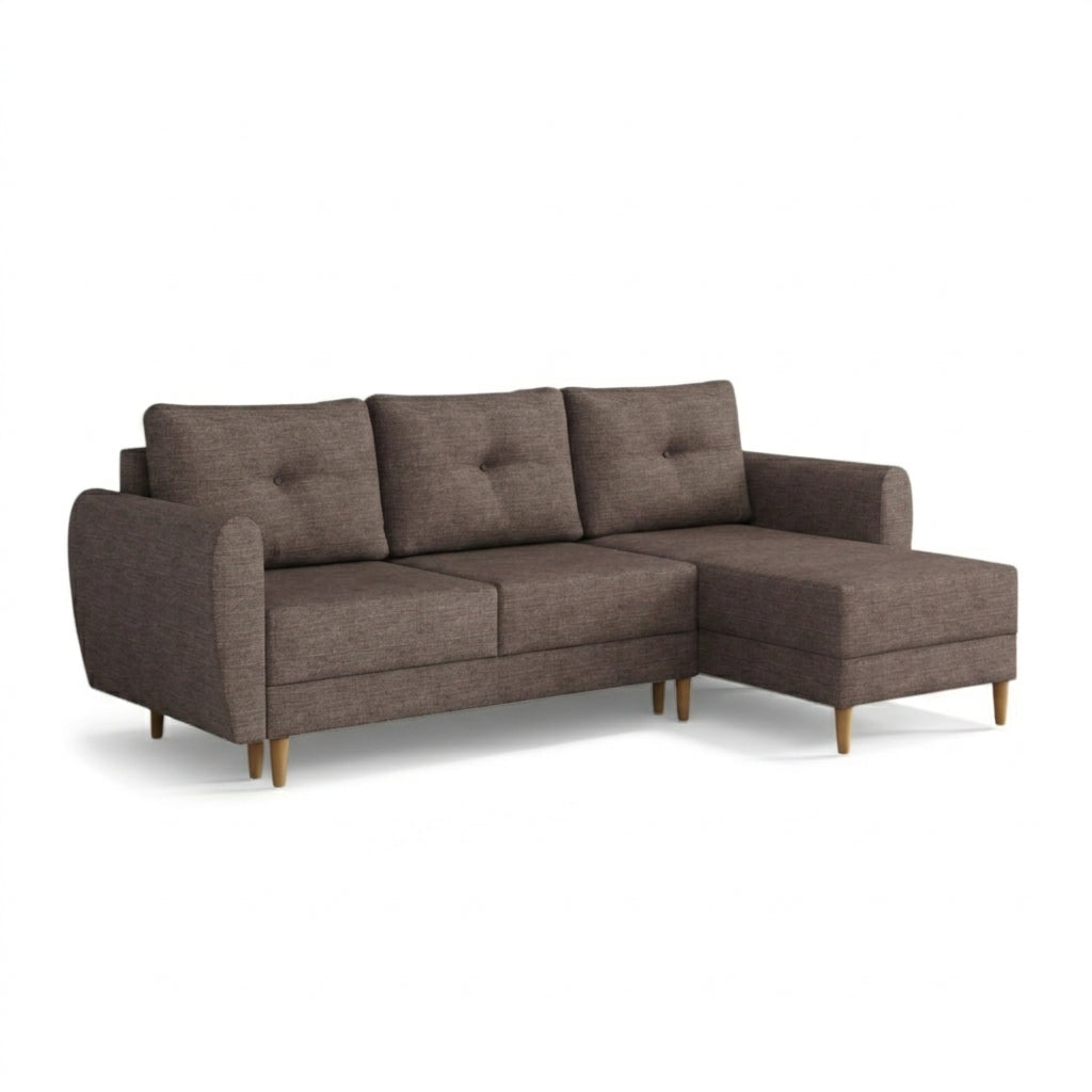 Gestepptes Ecksofa Harmi 235 cm Sandtaupe (SAWANA 12), rechtsseitige Version auf Holzbeinen