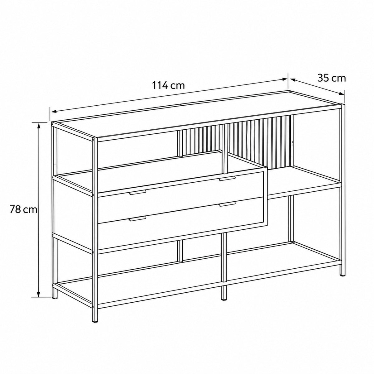 Niedriges Regal „Skeleto“ 114 x 78 – Maßzeichnung mit Breite, Höhe und Tiefe