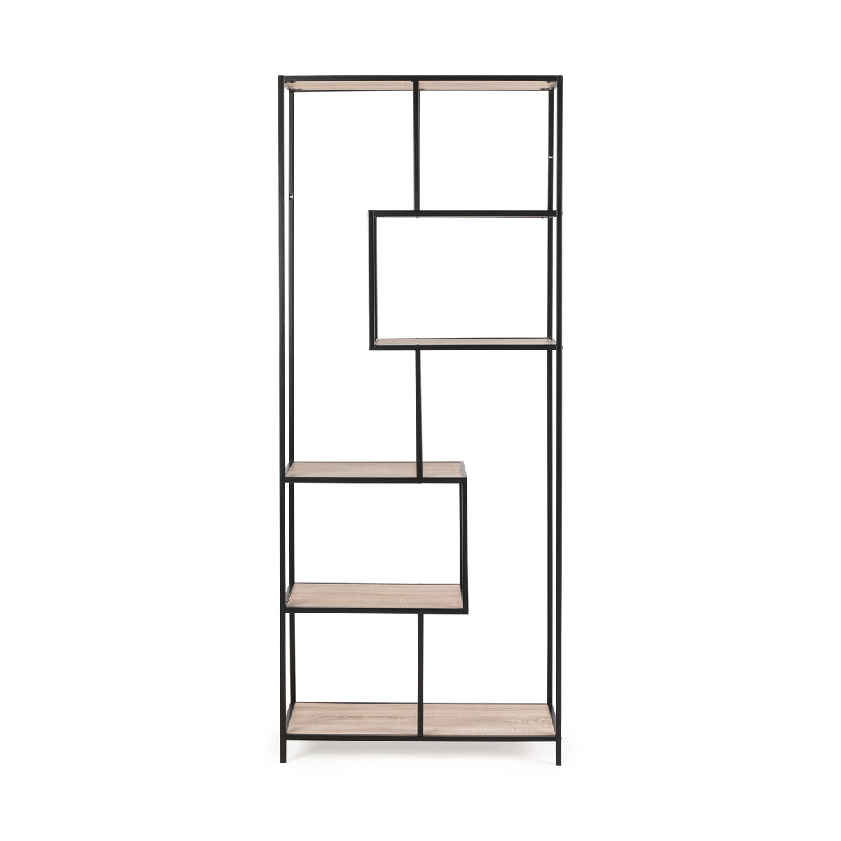 Regal „Skeleto“ 77 x 185, Eiche Sonoma, Vorderansicht – asymmetrische Nischen und offene Fächer im Loft-Stil