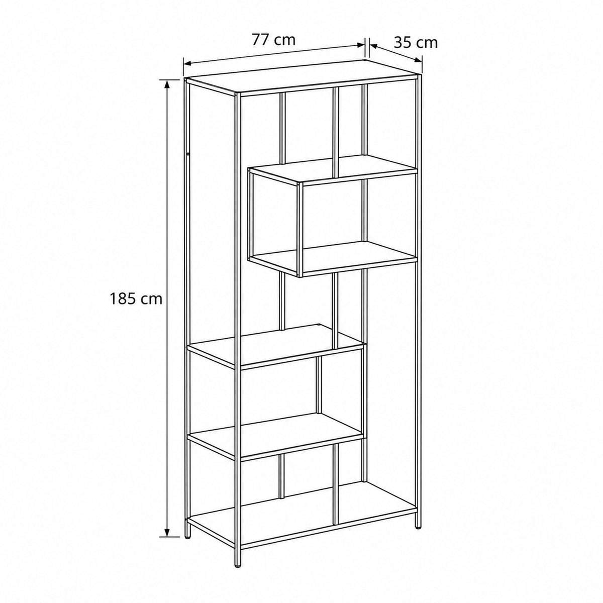 Regal Skeleto 77x185 – Maßzeichnung mit Breite, Höhe und Tiefe