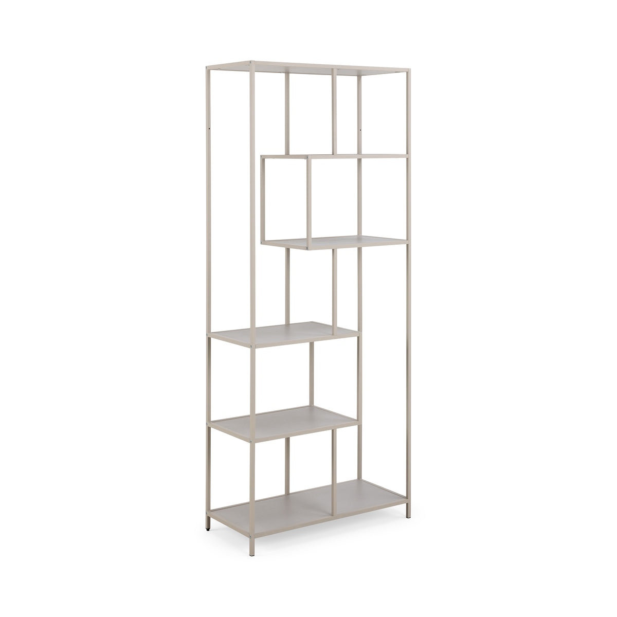 Regal „Skeleto“ 77 x 185, graues Melamin, Seitenansicht – helles Bücherregal auf grauem Rahmen