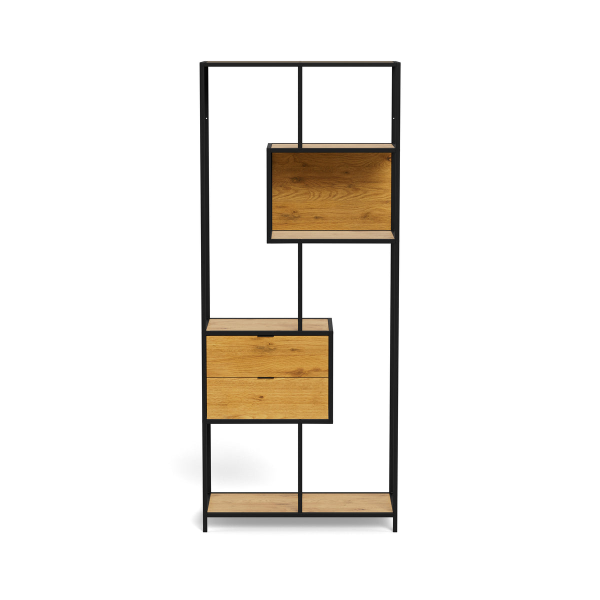 Regal „Skeleto“ 77 x 185, Wilde Eiche – Vorderansicht der asymmetrischen Anordnung von Nische und Schubladenmodul