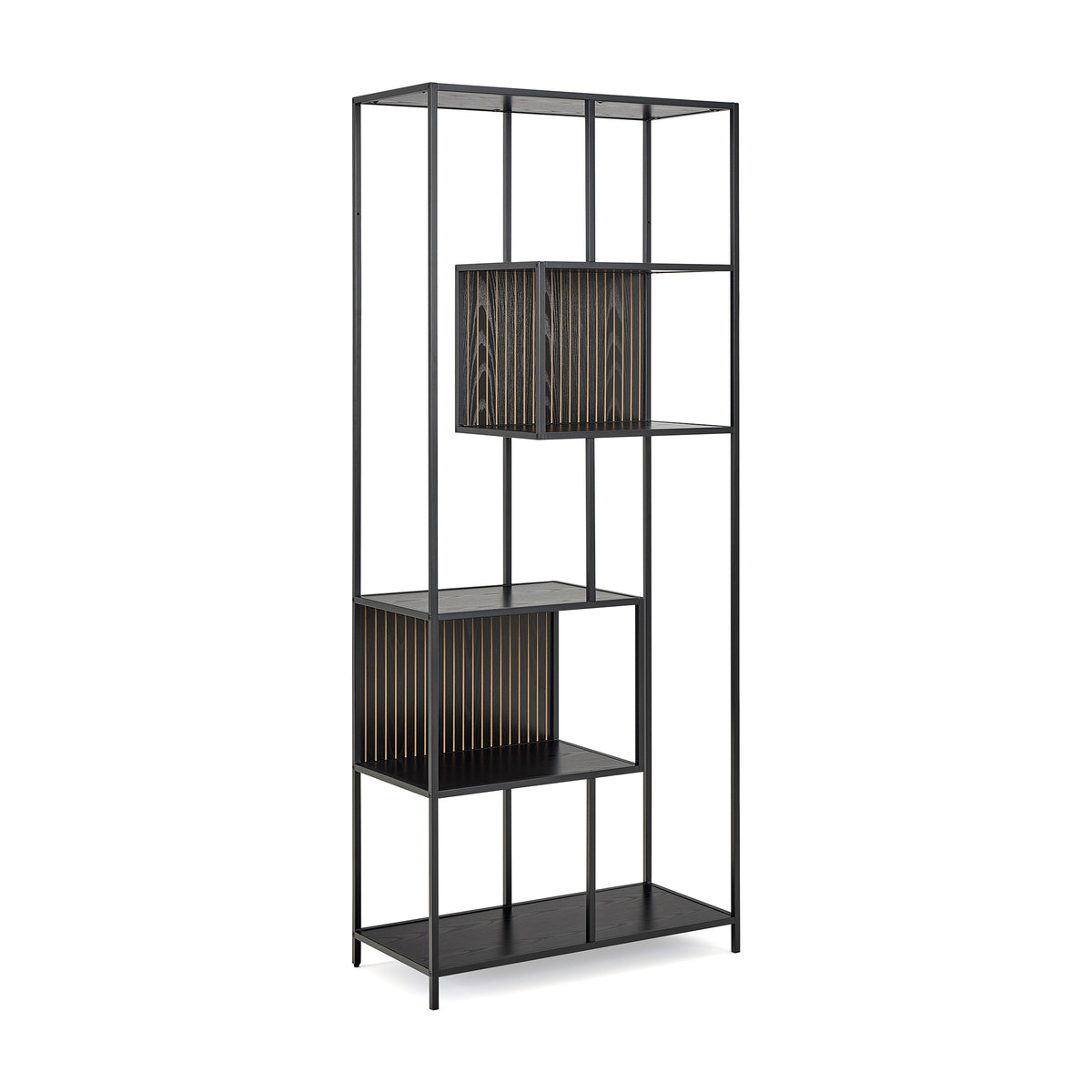 Regal „Skeleto“ 77 x 185, schwarze Melaminbeschichtung – Schrägansicht auf den Stahlrahmen und die beiden asymmetrischen Fächer, Bücherregal