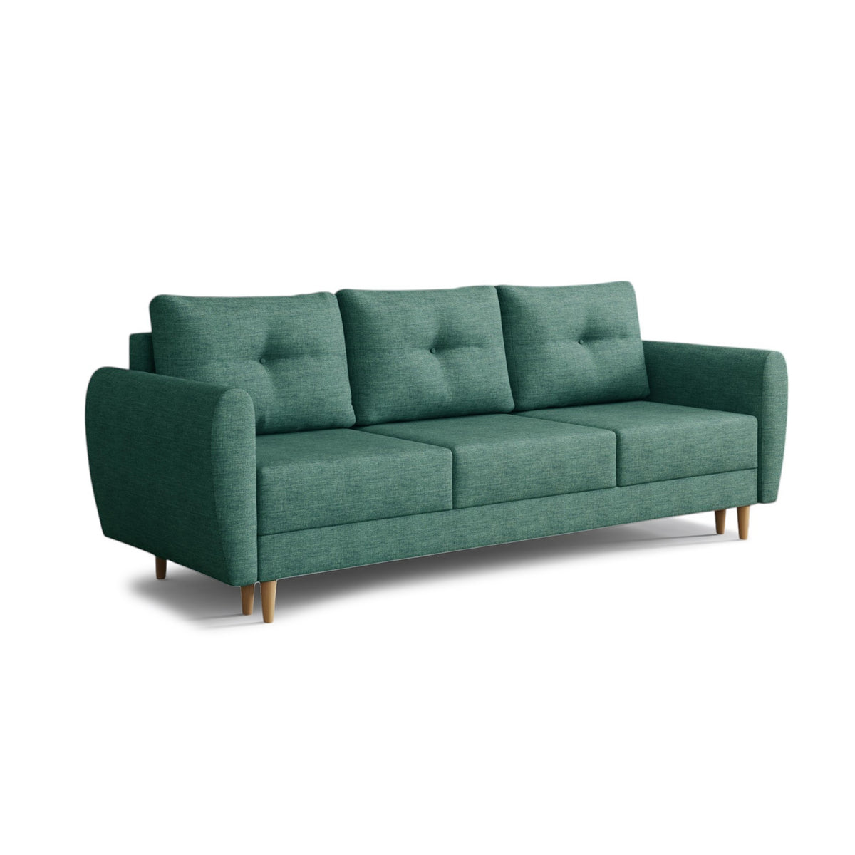 Sofa Harmi 235 cm Petrolazur (SAWANA 30) – Dreisitzer-Sofa mit Bettkasten auf Buchenholzbeinen
