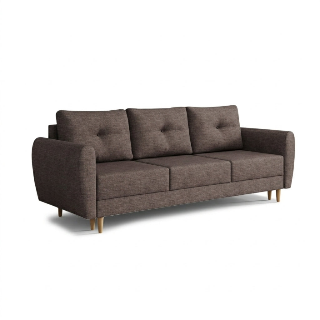 Sofa Harmi 235 cm Sandtaupe (SAWANA 12) – Dreisitzer-Sofa mit Bettkasten auf Buchenholzbeinen