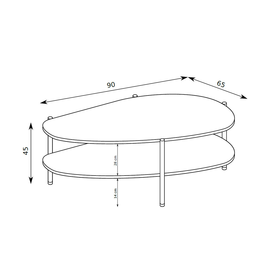 Couchtisch EKLIPSO 90x45 in organischer Form im modernen Stil – Maßzeichnung | Pillovely