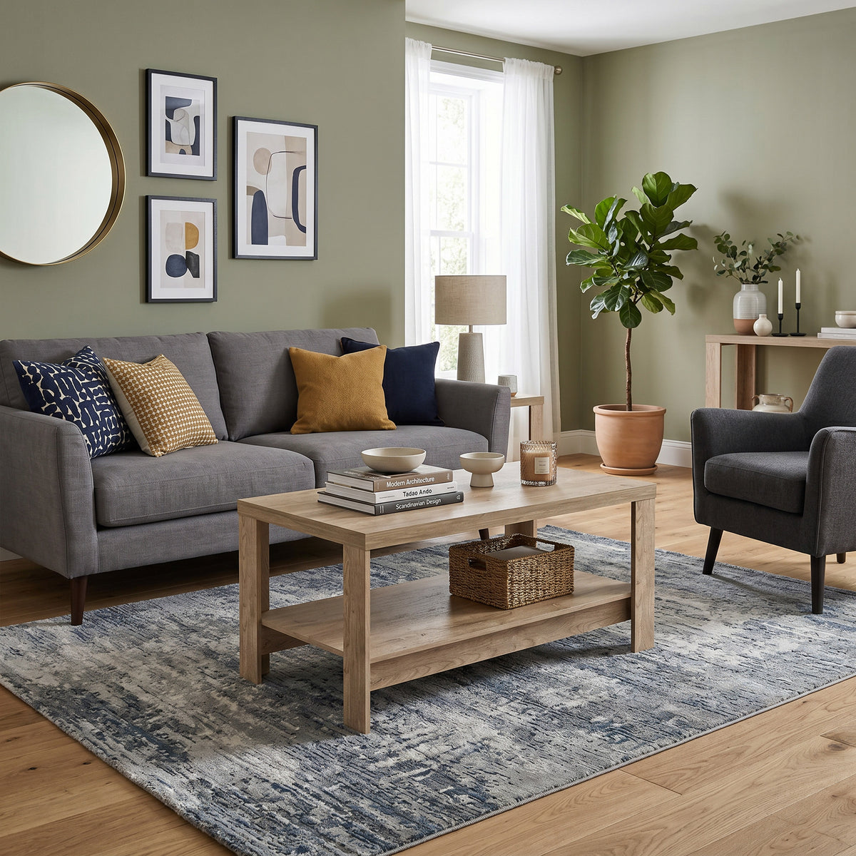 Couchtisch Korin 120x57 im Wohnzimmer mit grauem Sofa und Spiegel – großer Couchtisch mit Ablage