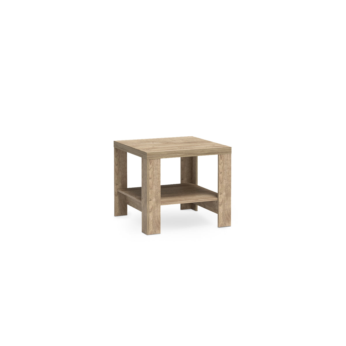 Couchtisch Korin 65x57 in Eiche – quadratischer Couchtisch mit unterer Ablage auf vier Beinen, Schrägansicht