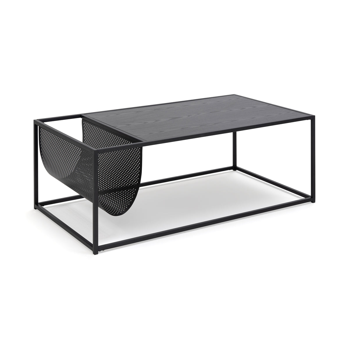 Couchtisch Skeleto 110x60 mit Tischplatte im Dekor „Schwarzes Eschenholz“, Seitenansicht – Wohnzimmertisch mit Zeitungsfach