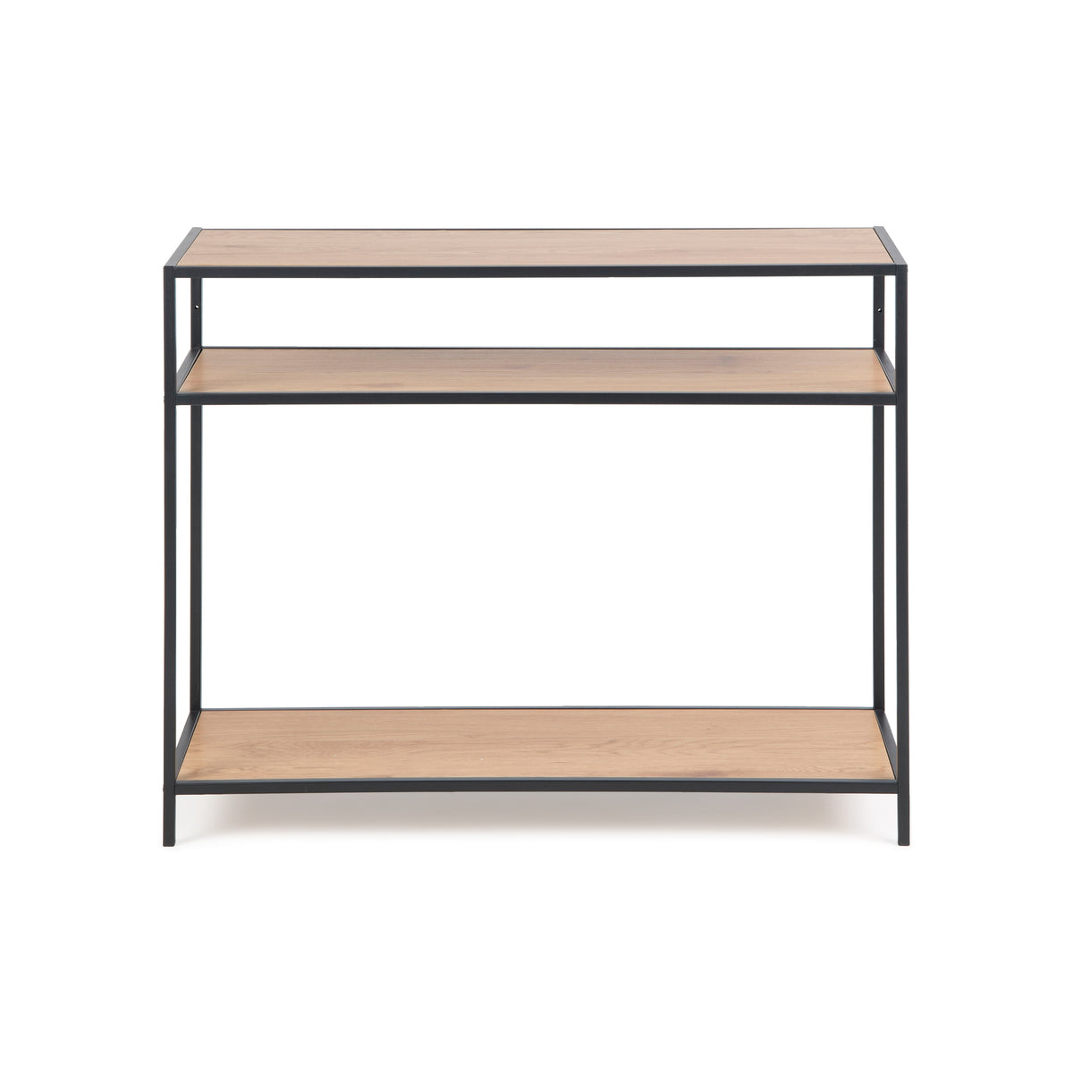 Konsolentisch Skeleto 100x79 Wilde Eiche, Vorderansicht – drei Ebenen: Tischplatte, mittleres Regal und unteres Regal