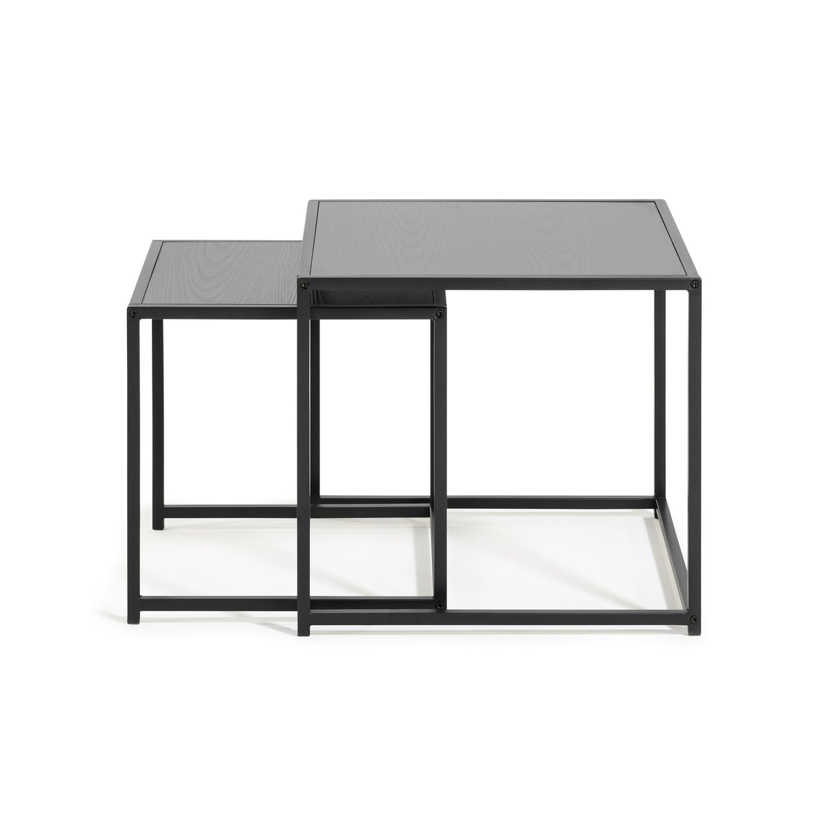 Skeleto-Tische 50x45, schwarze Melaminbeschichtung an den Seiten – Tischplatten in der Farbe „schwarze Esche“ auf einem Stahlgestell