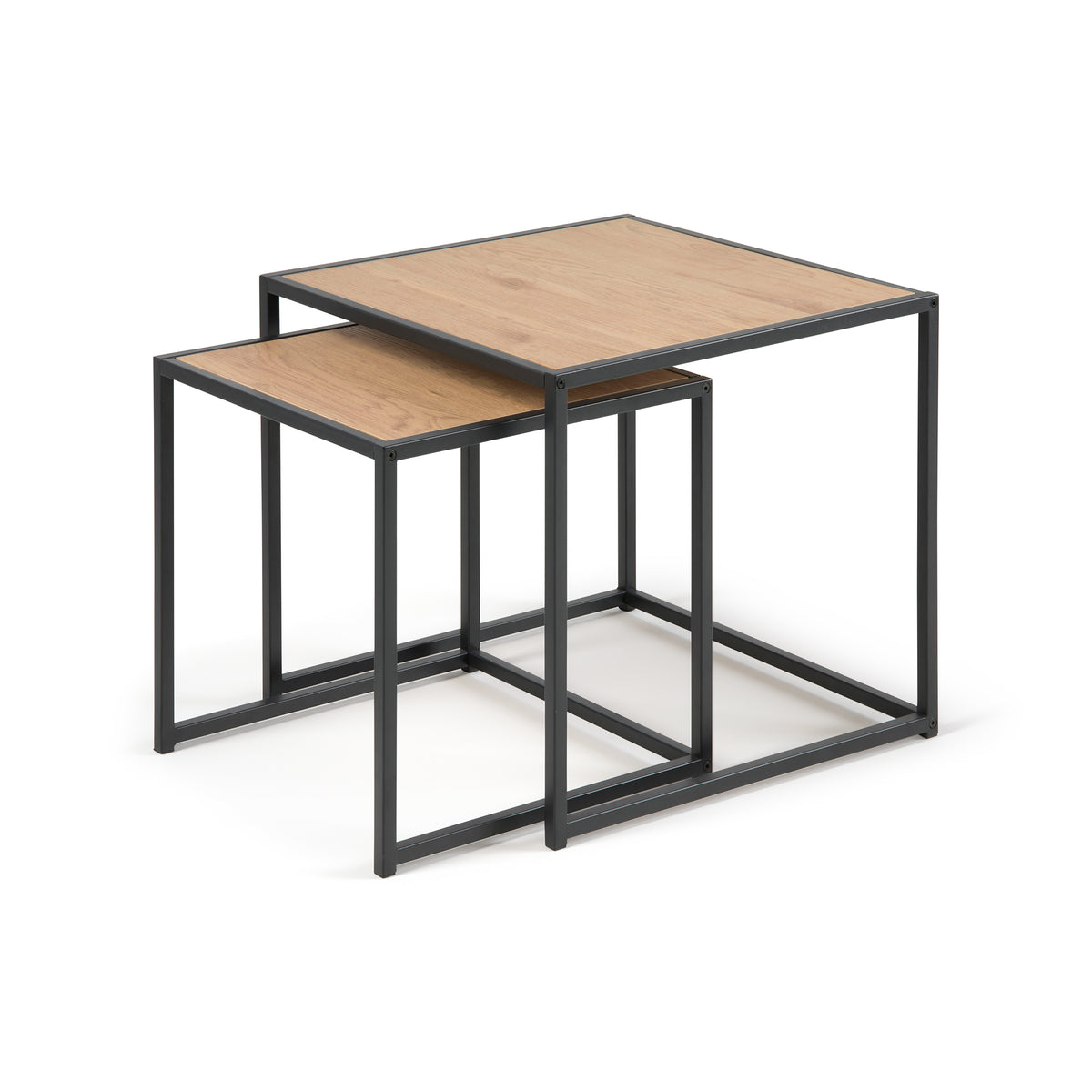 Set aus 2 Skeleto-Couchtischen 50x45 Wilde Eiche mit abgeschrägten Kanten – ineinanderschiebbare Tische auf einem schwarzen Stahlgestell