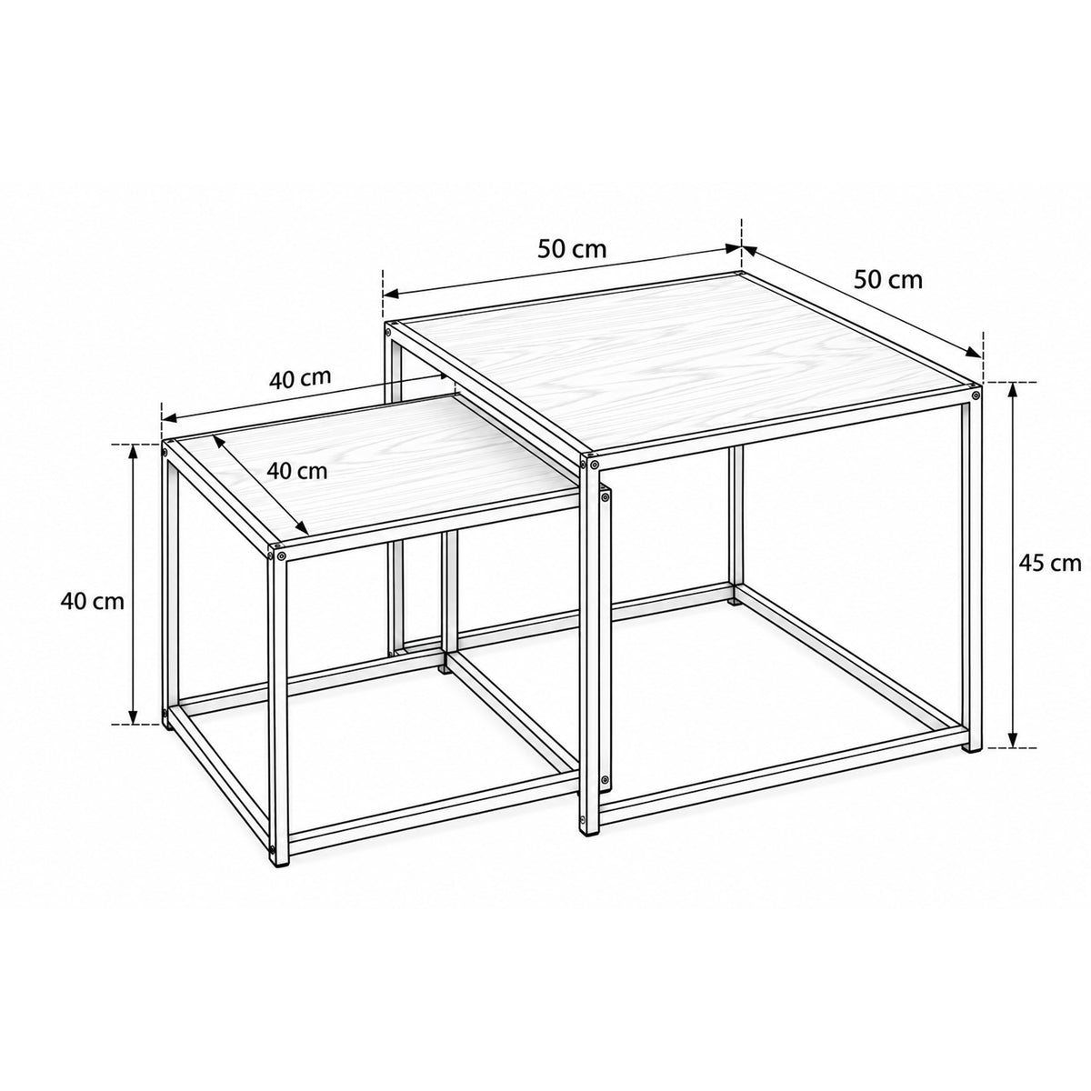 Set aus 2 Skeleto-Couchtischen in den Maßen 50 x 45 und 40 x 40 – Maßzeichnung mit Breite, Höhe und Tiefe