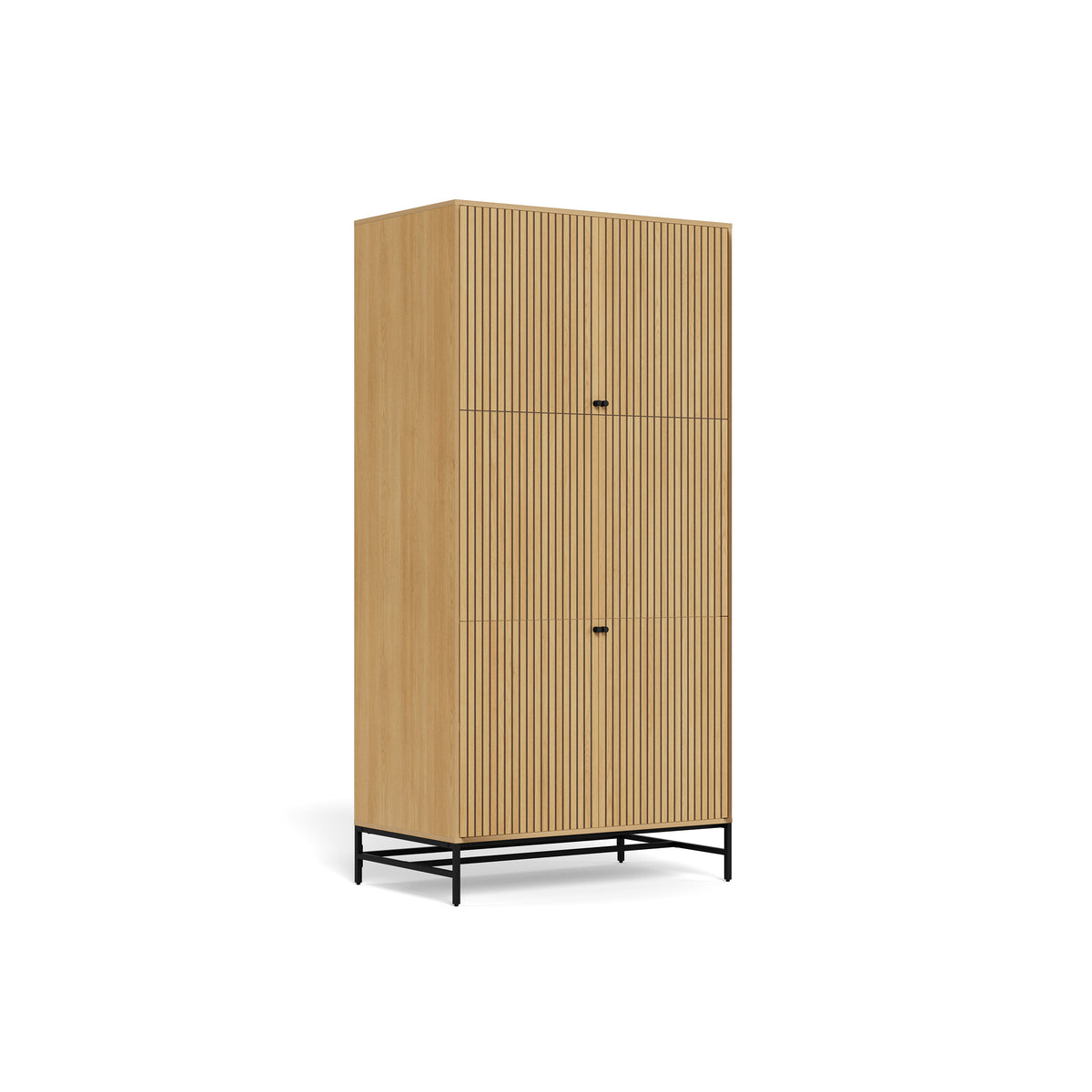 Bambouz-Kleiderschrank 99 x 200 in Eichenoptik – Schrägansicht auf die vier Lamellentüren und den schwarzen Stahlsockel